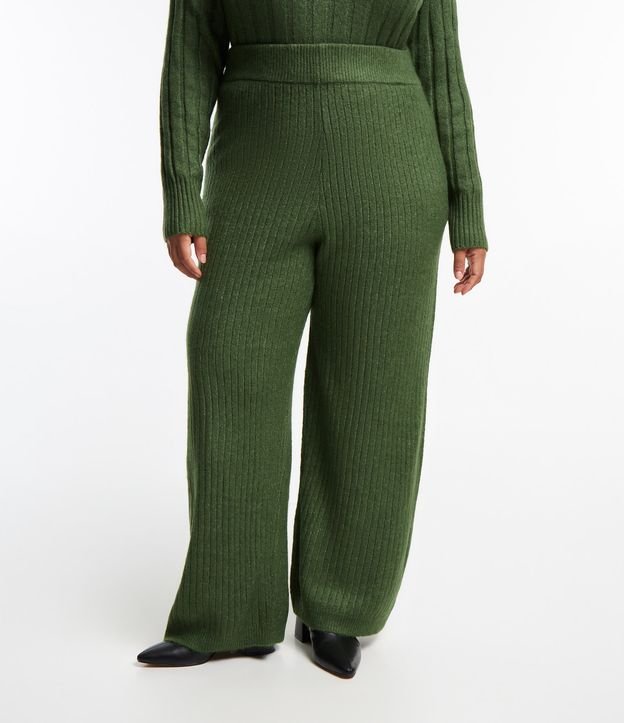Calça Pantalona em Tricô Texturizado de Listras Curve & Plus Size Verde Escuro 2