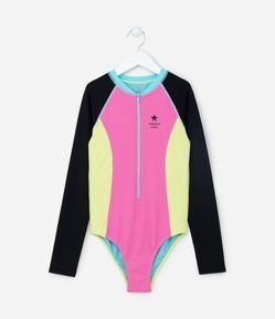 Maiô Infantil com Zíper e Estampa Color Block - Tam 5 a 14 Anos