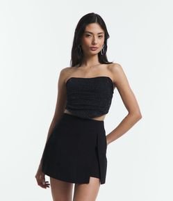 Blusa Cropped em Tule Metalizado Tomara que Caia e Franzidinho Frontal