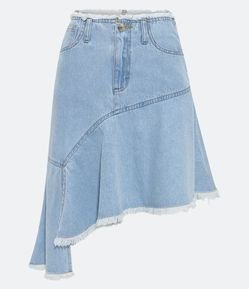 Saia Midi Jeans com Barra Assimétrica e Desfiada