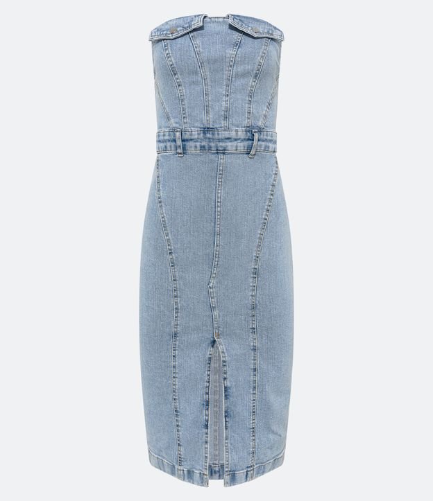 Vestido Midi Tomara que Caia Jeans com Detalhe em Lapela e Fenda Frontal Azul 6
