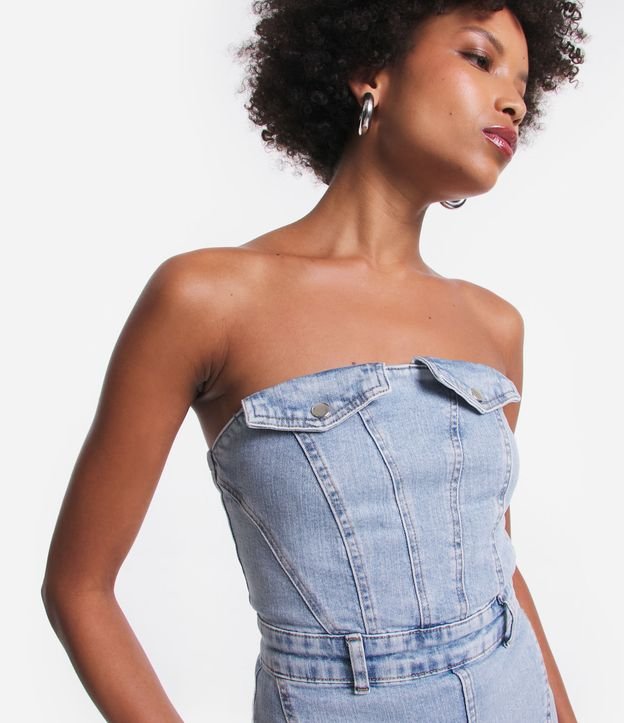 Vestido Midi Tomara que Caia Jeans com Detalhe em Lapela e Fenda Frontal Azul 3