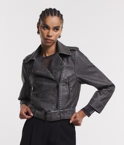 Jaqueta Biker em Material Sintético com Fivela na Barra