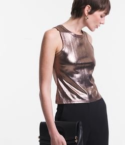 Blusa Sem Manga em Tecido Metalizado Foil com Gola Redonda