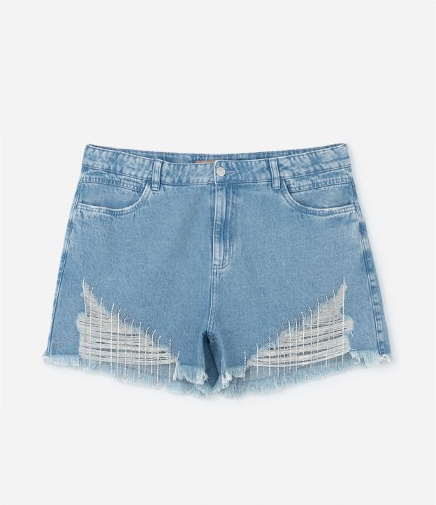 Short Mom Jeans com Puídos Grandes na Barra e Franjinhas de Strass Curve & Plus Size Azul 6