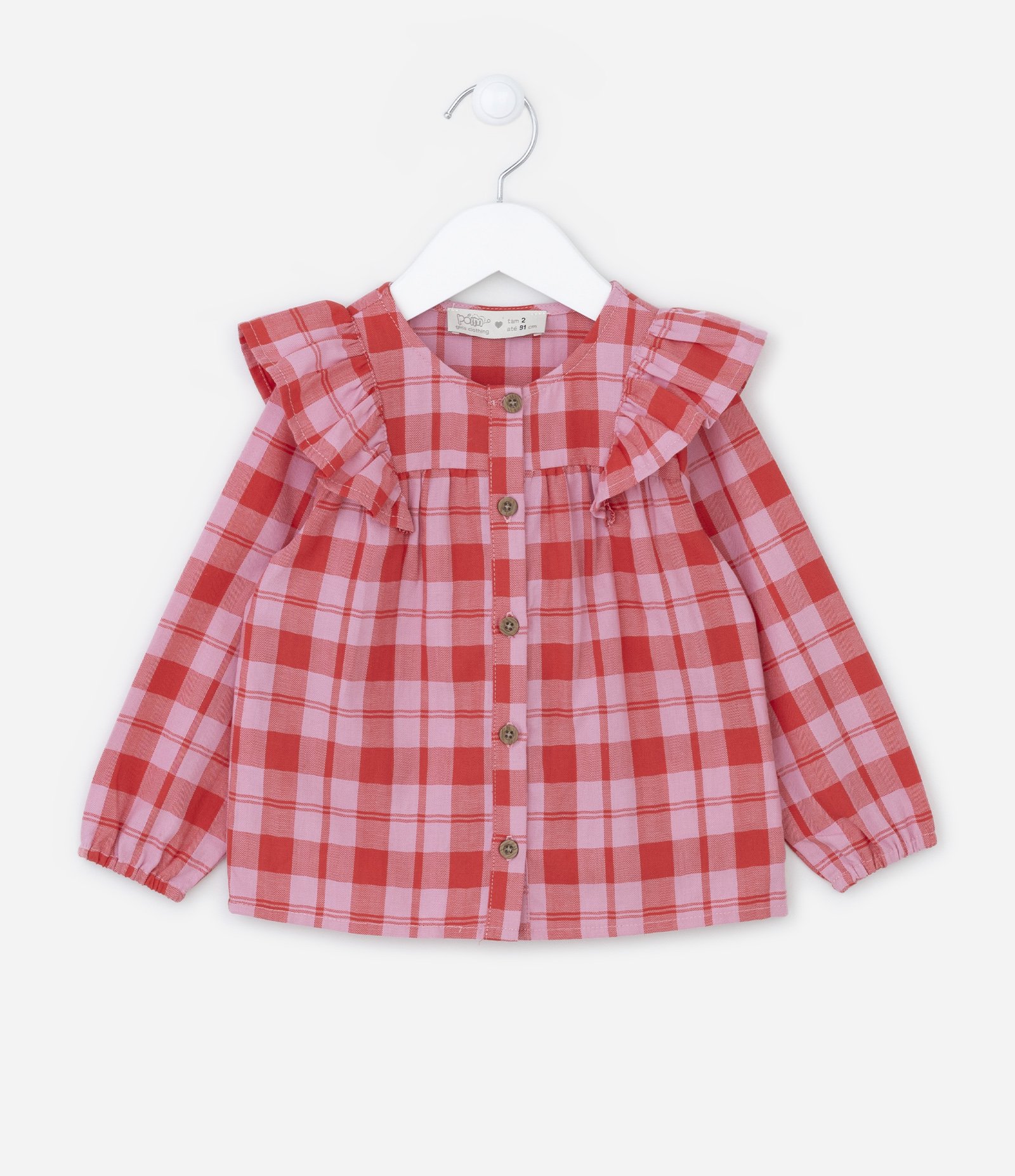 Camisa Infantil em Tricoline com Estampa Xadrez - Tam 1 a 5 Anos Vermelho/Rosa 1
