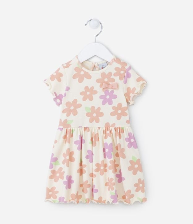 Vestido Infantil Canelado com Estampa Floral e Lacinho Aplicado - Tam 0 a 18 meses