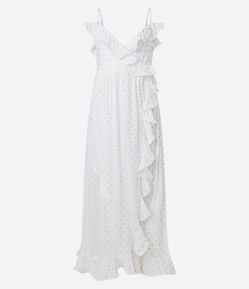 Vestido Midi em Viscose com Babados e Estampa Pingos Metalizados