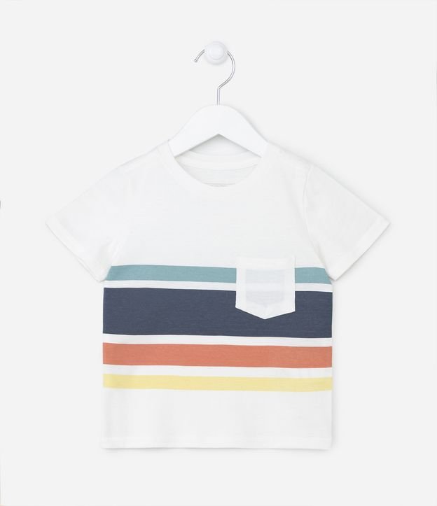 Camiseta Infantil com Estampa de Listras e Bolsinho - Tam 1 a 5 anos Off White 1