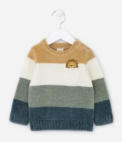 Suéter Infantil em Chenille com Bordado no Bolsinho - Tam 0 a 18 meses