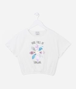 Blusa Cropped Infantil Estampa de Flor com Paetê e Babadinhos - Tam 5 a 14 Anos