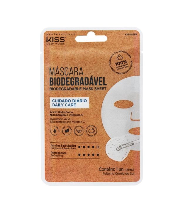 Máscara Facial Biodegradavel Cuidado Diario com Acido Hialuronico Niacinamida e Vit C Kiss 21ml New York Professional