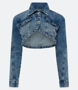 Jaqueta Cropepd Jeans com Fechamento em Dois Botões e Bolsinhos