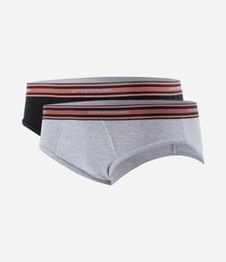 Kit 02 Cuecas Slip em Meia Malha com Cós Elástico Listrado e Lettering Lupo