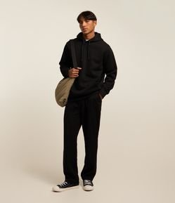 Calça Reta em Moletom com Bolsos e Amarração no Cós