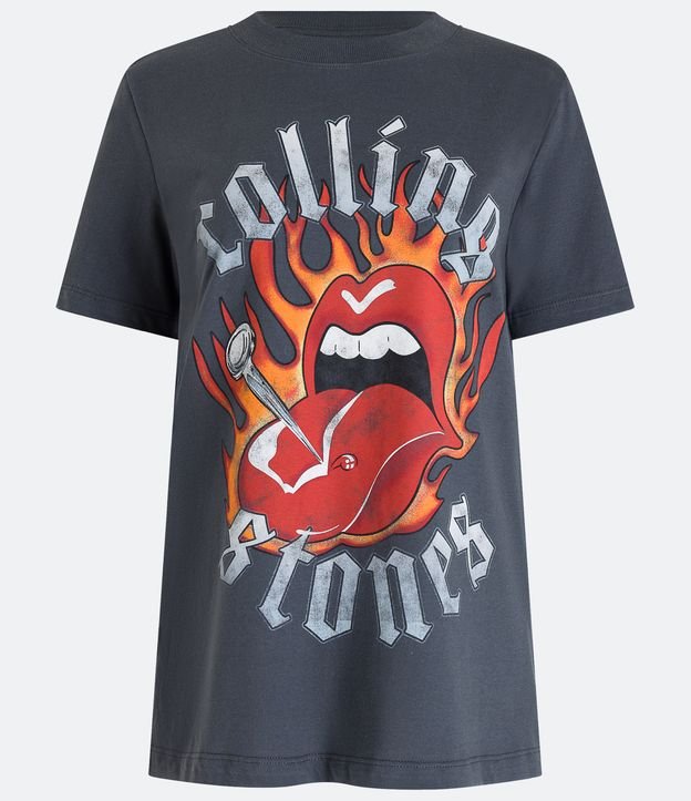 Camiseta Alongada em Meia Malha com Estampa Rolling Stones Cinza 5