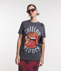 Camiseta Alongada em Meia Malha com Estampa Rolling Stones