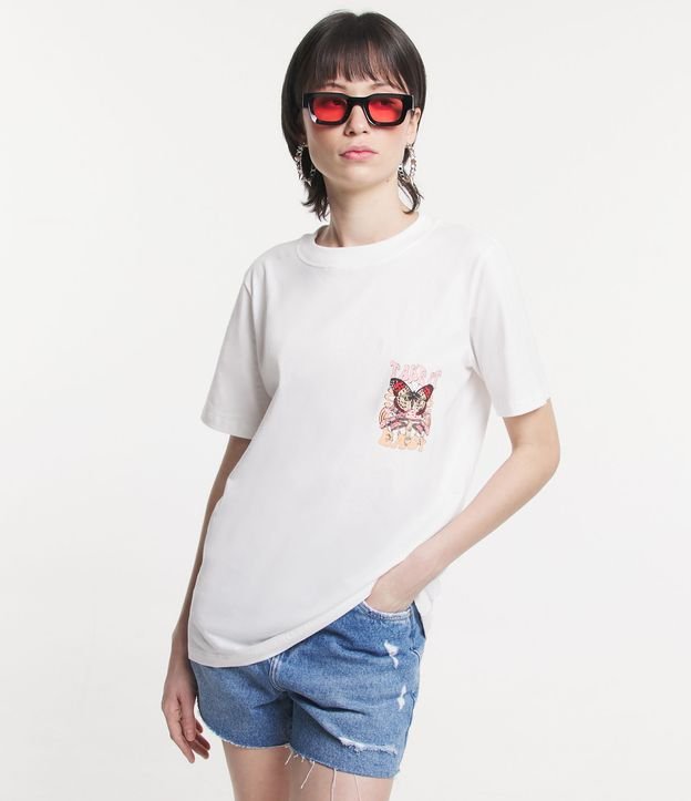 Camiseta Alongada em Meia Malha com Estampa de Borboleta Frente e Costas Branco 2