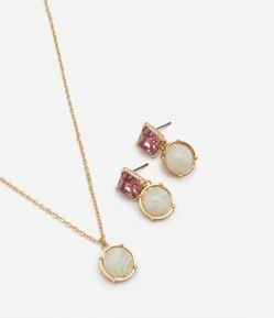 Conjunto Brinco e Colar em Metal com Pingente Redondo