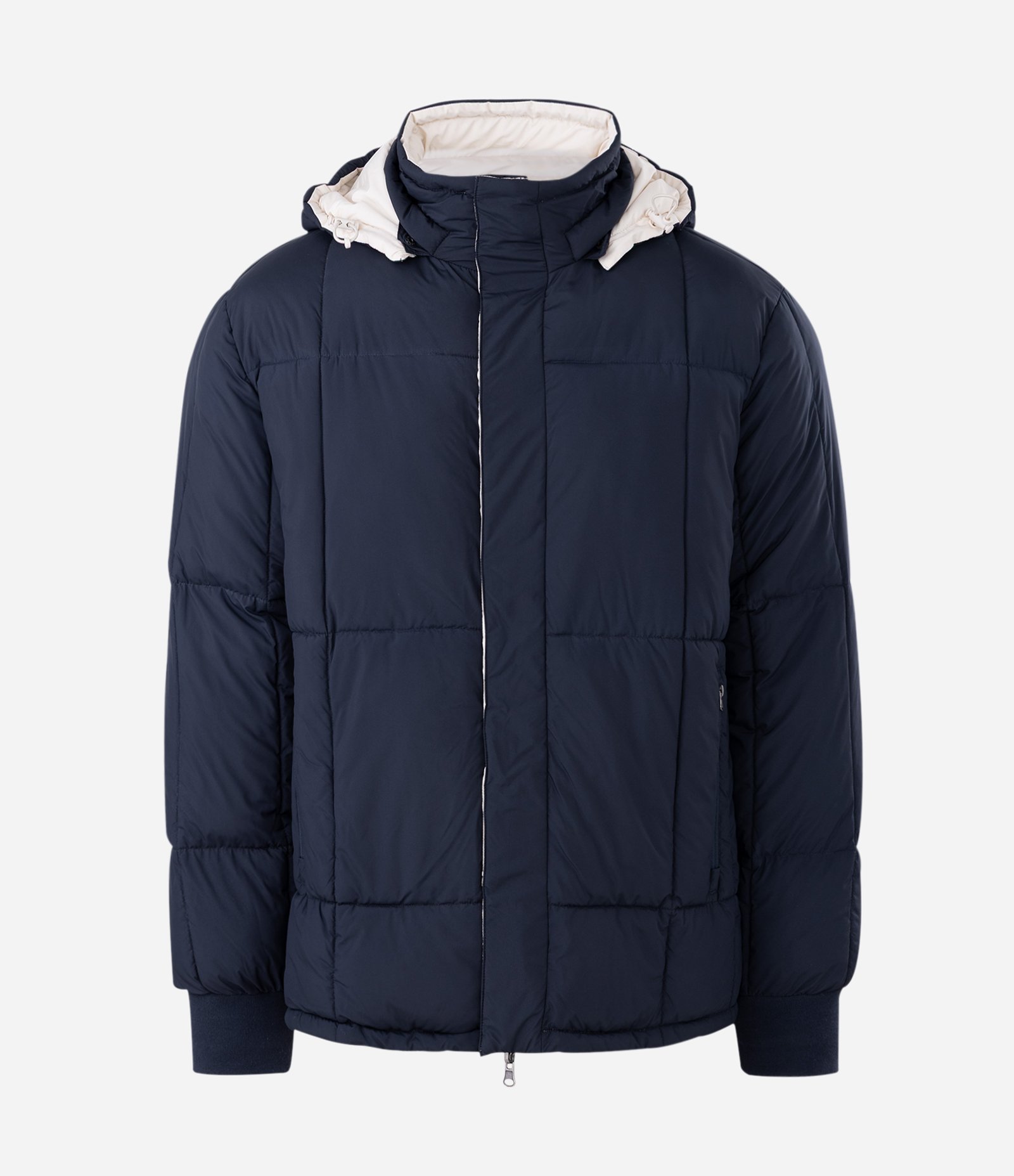 Jaqueta Puffer Dupla Face com Capuz e Gola Alta Azul / Off White 17