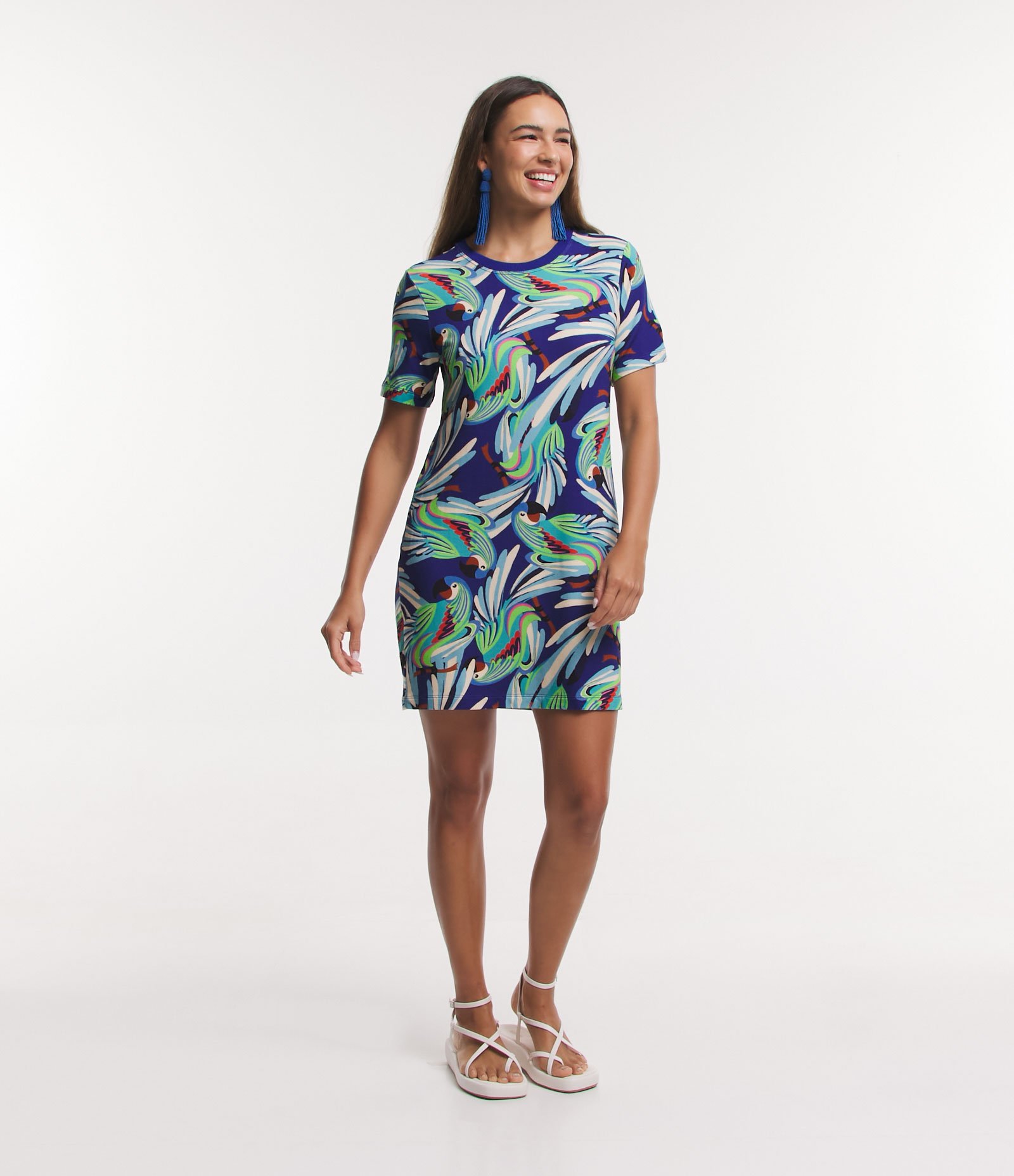 Vestido Curto em Viscose T-shirt Dress com Estampa de Araras Azul 1