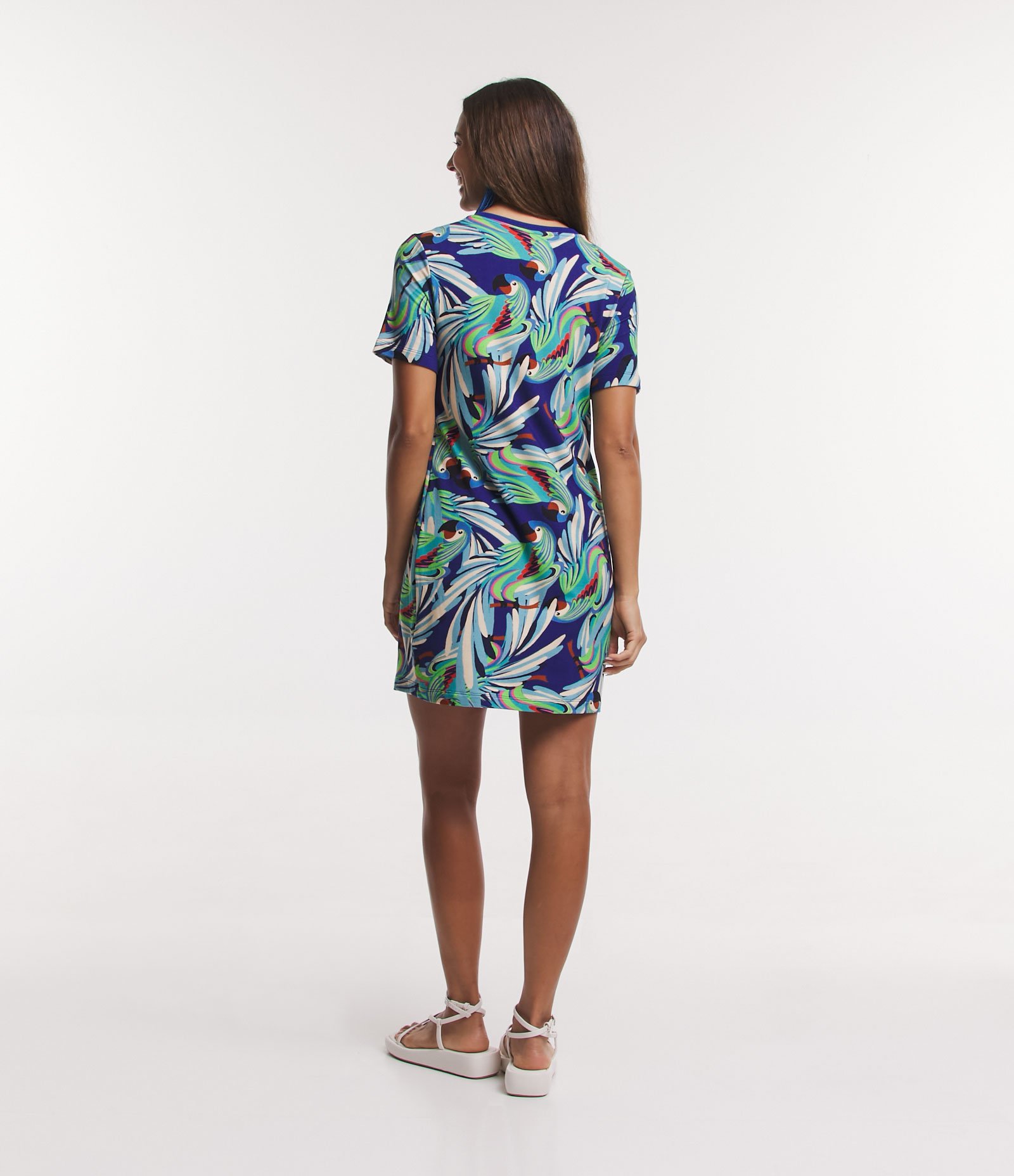 Vestido Curto em Viscose T-shirt Dress com Estampa de Araras Azul 2