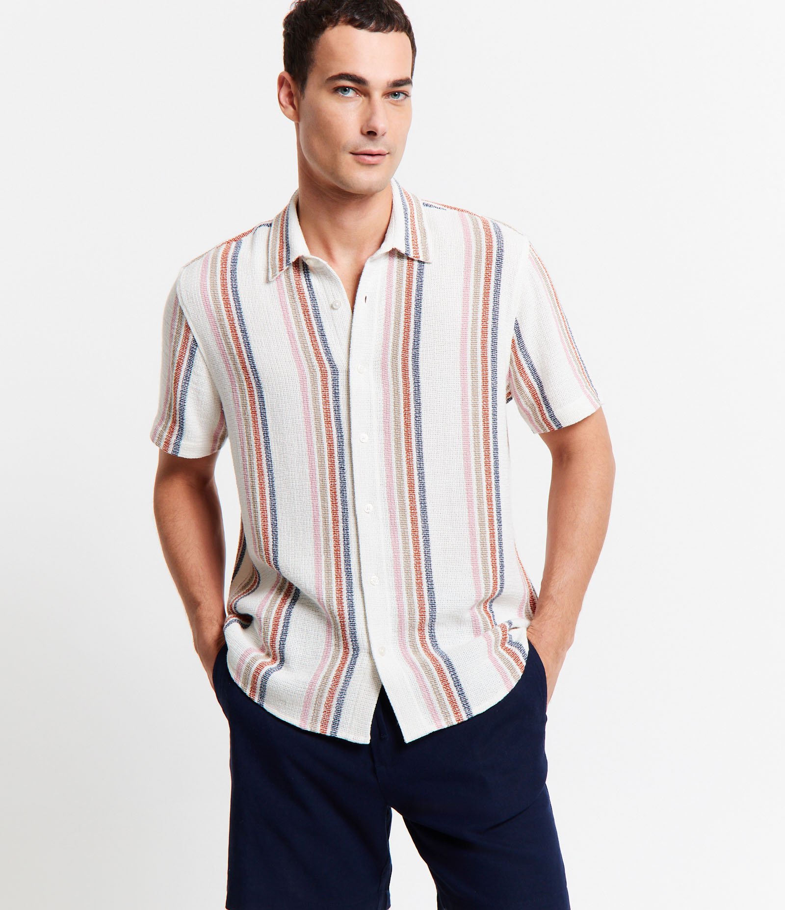 Camisa Texturizada em Algodão com Estampa de Listras Azul/Laranja/Bege 1