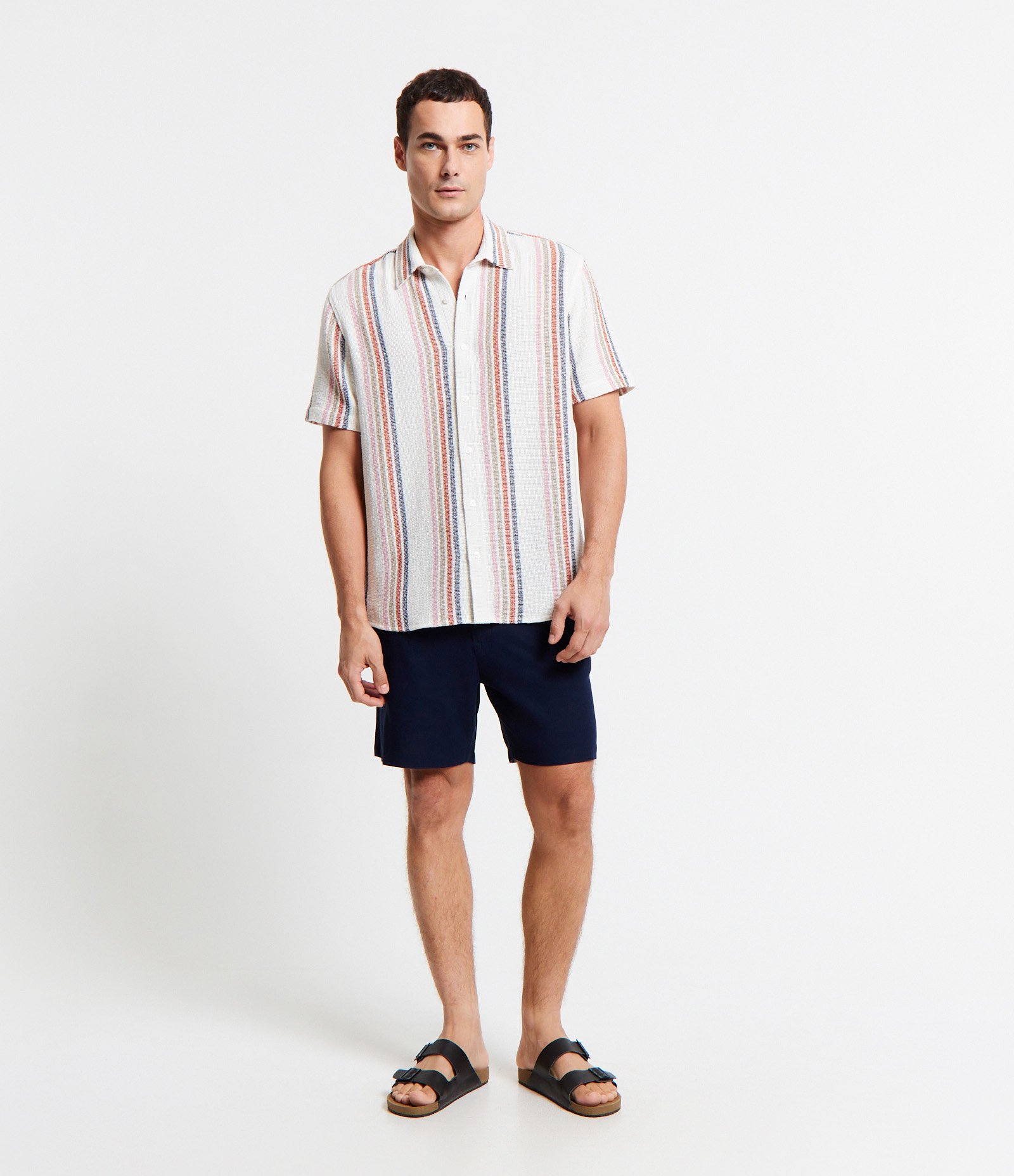Camisa Texturizada em Algodão com Estampa de Listras Azul/Laranja/Bege 2
