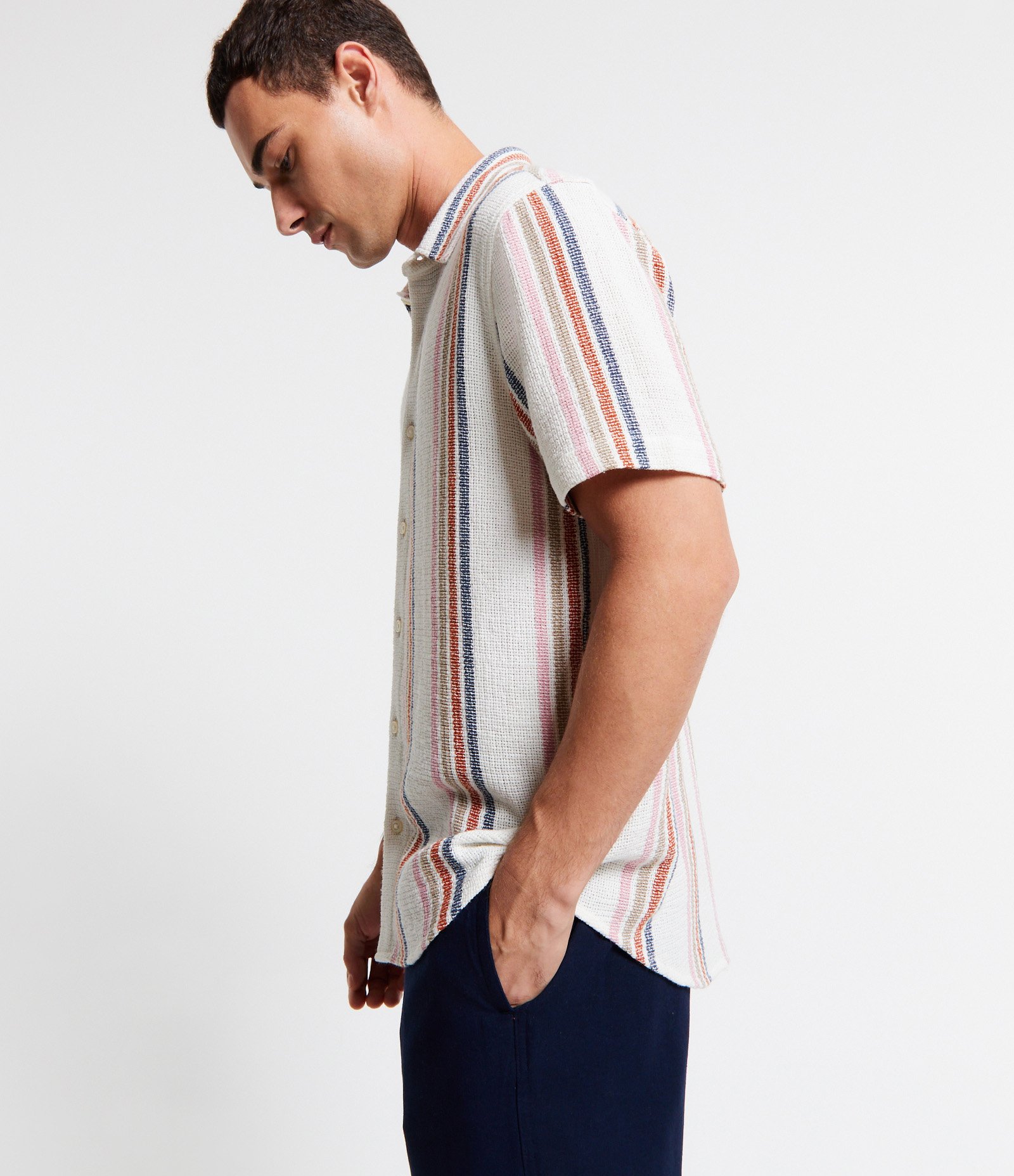 Camisa Texturizada em Algodão com Estampa de Listras Azul/Laranja/Bege 3