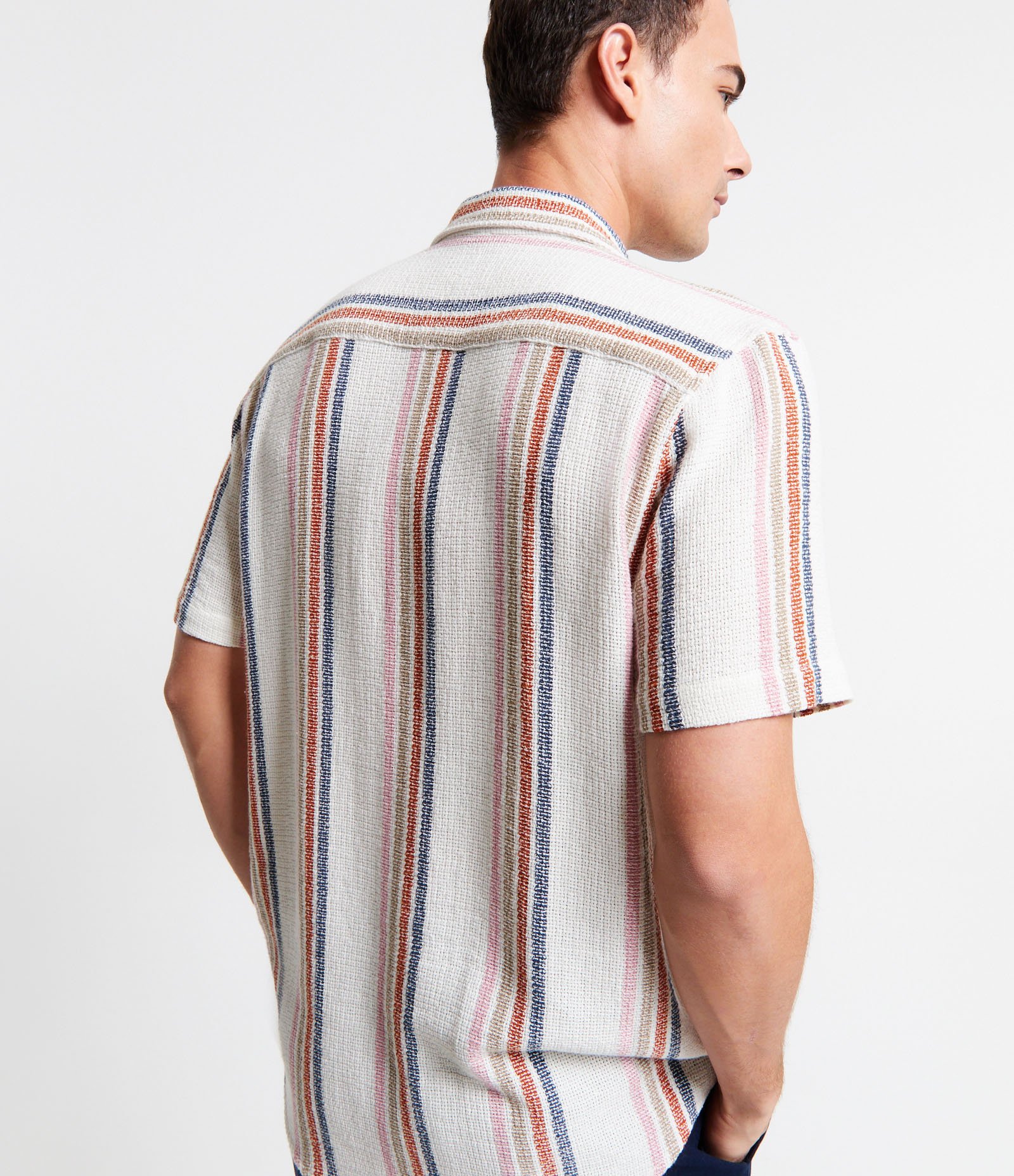 Camisa Texturizada em Algodão com Estampa de Listras Azul/Laranja/Bege 4