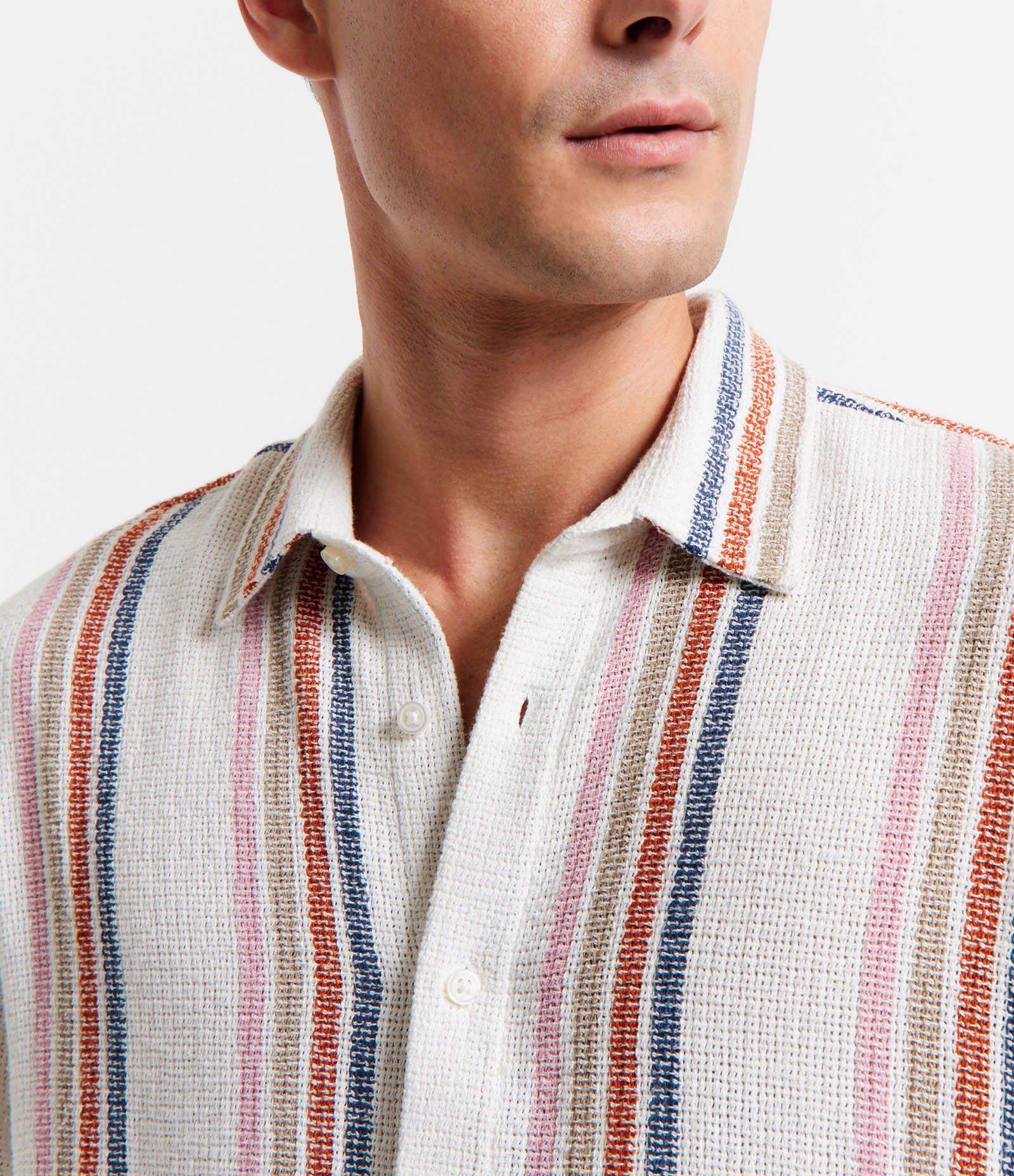 Camisa Texturizada em Algodão com Estampa de Listras Azul/Laranja/Bege 5