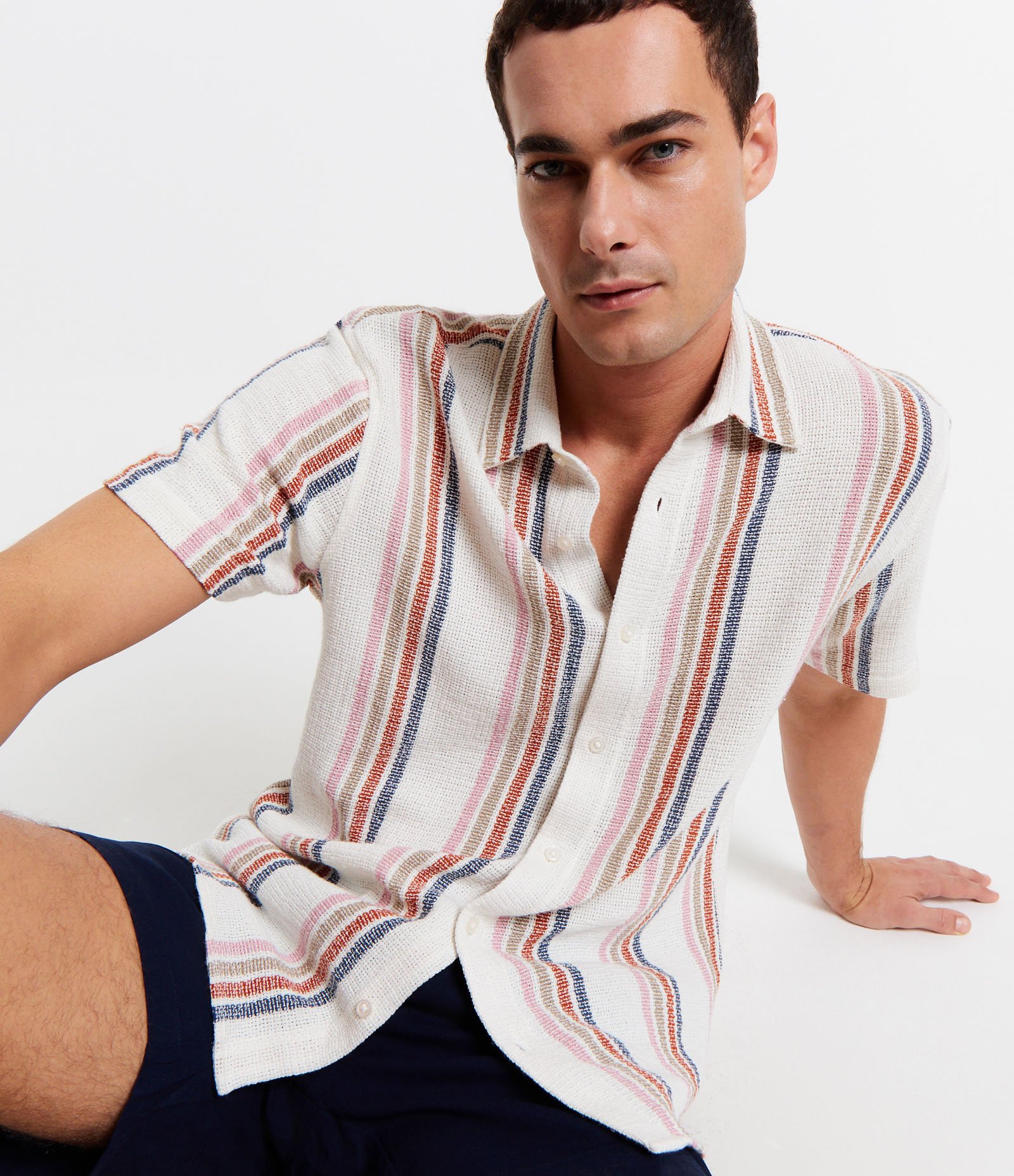 Camisa Texturizada em Algodão com Estampa de Listras Azul/Laranja/Bege 6
