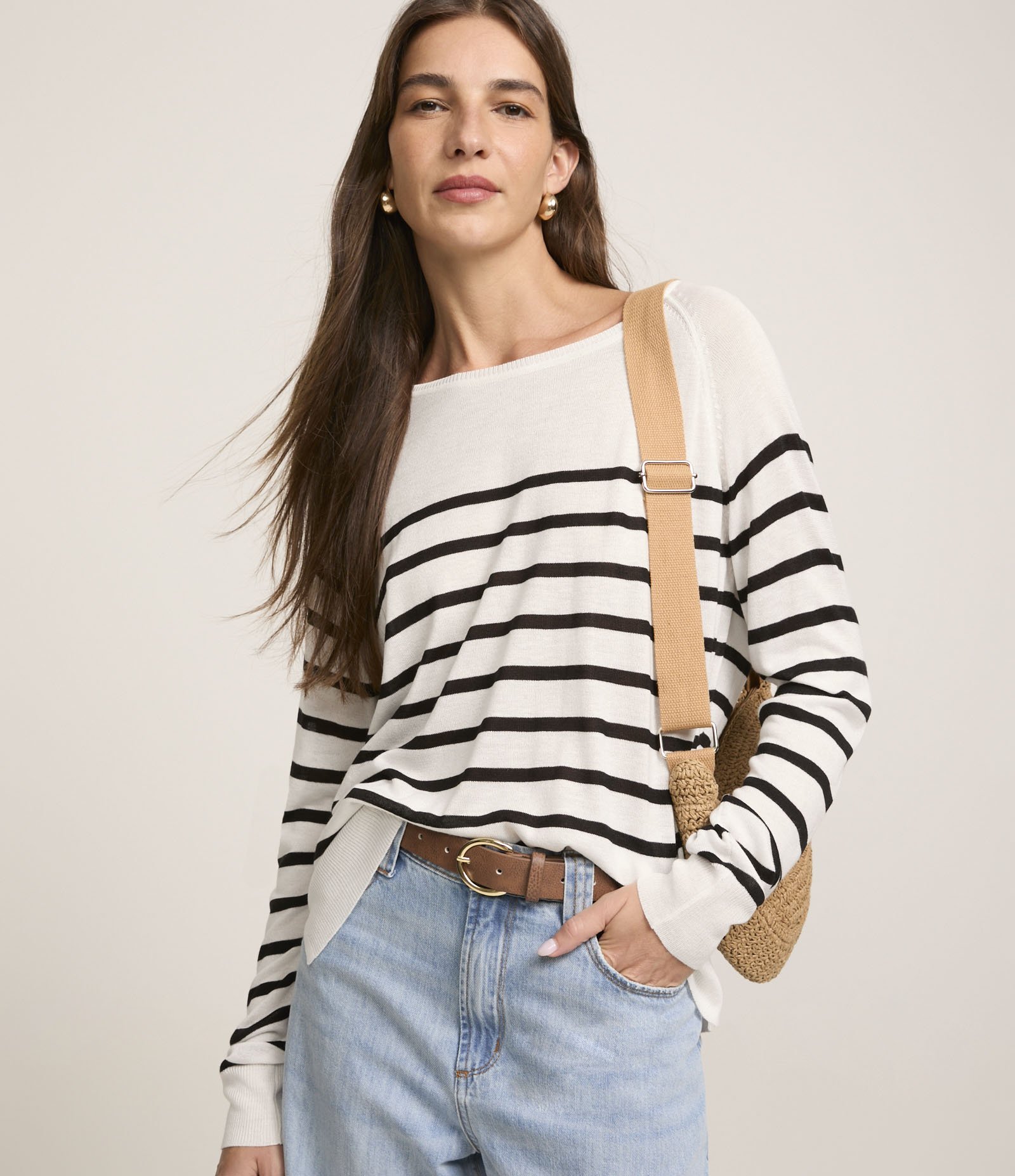 Suéter em Tricô com Estampa Listrada Branco 1