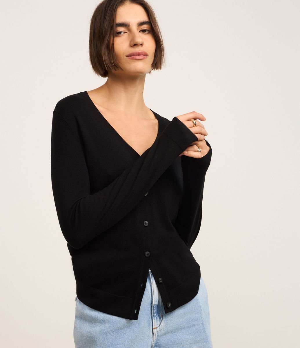 Cardigan em Tricô com Fechamento em Botões Preto