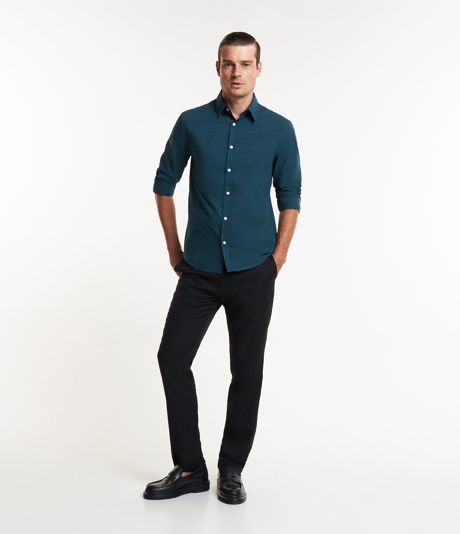 Camisa em Fil a Fil com Estampa Xadrez Grid Azul Petróleo 2