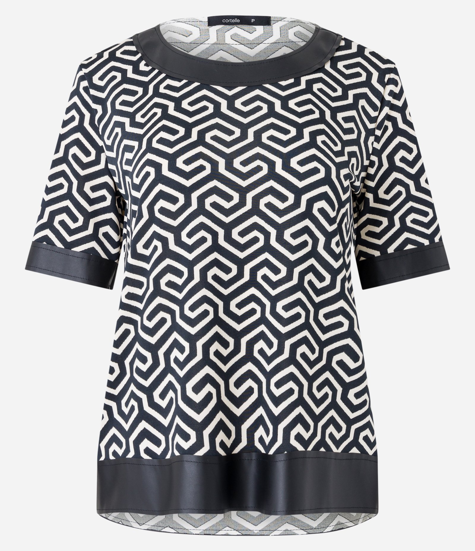 Blusa em Jersey com Detalhe em PU e Estampa Geométrica Preto/ Branco 6