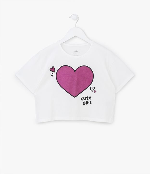 Camiseta amarilla de manga corta con corazón con purpurina para niña