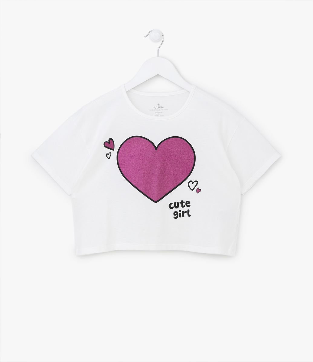 Camiseta amarilla algodón orgánico corazón purpurina niña
