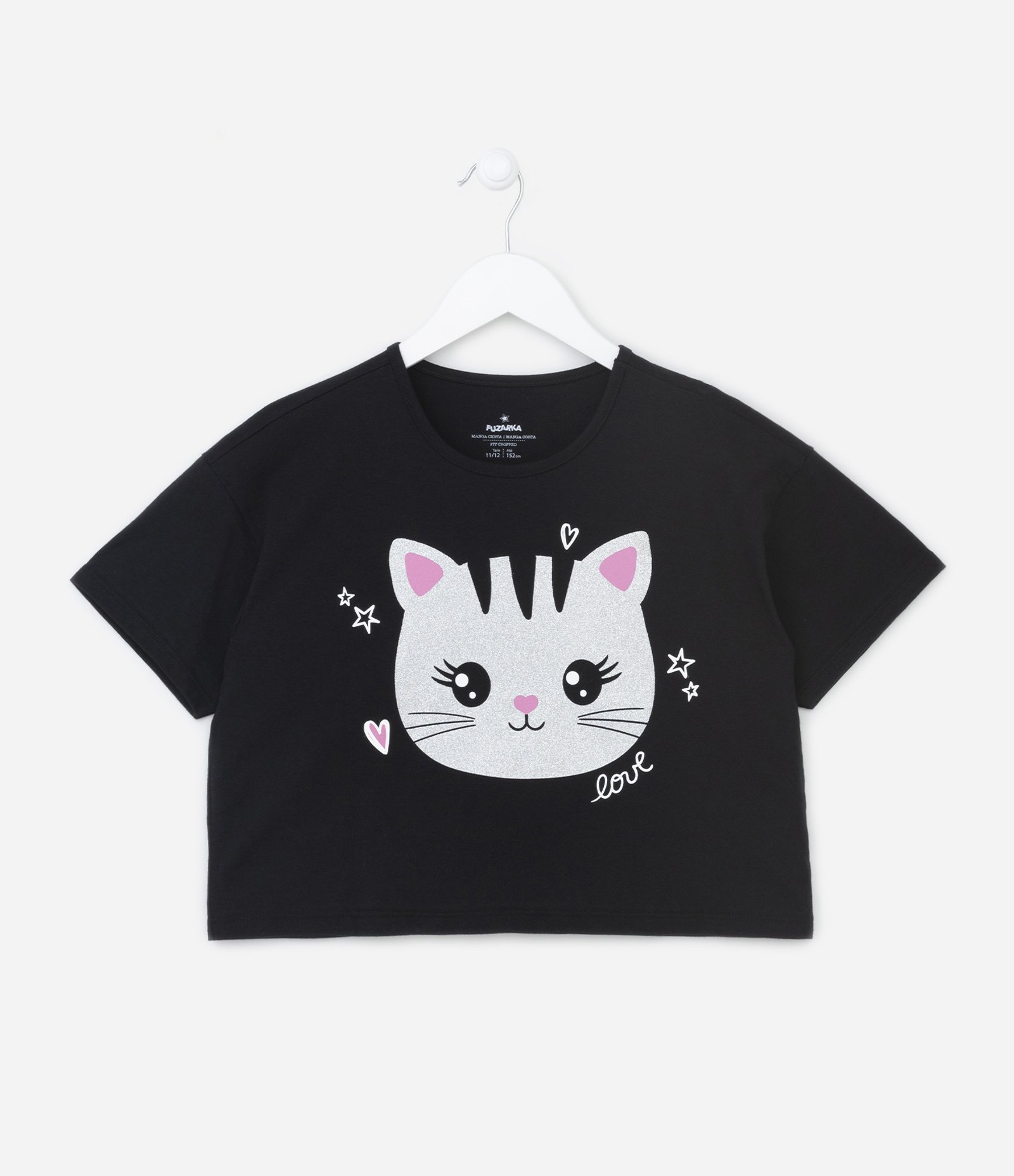 Camiseta Cropped Infantil com Estampa de Gatinho Love - Tam 5 a 14 Anos Preto 1