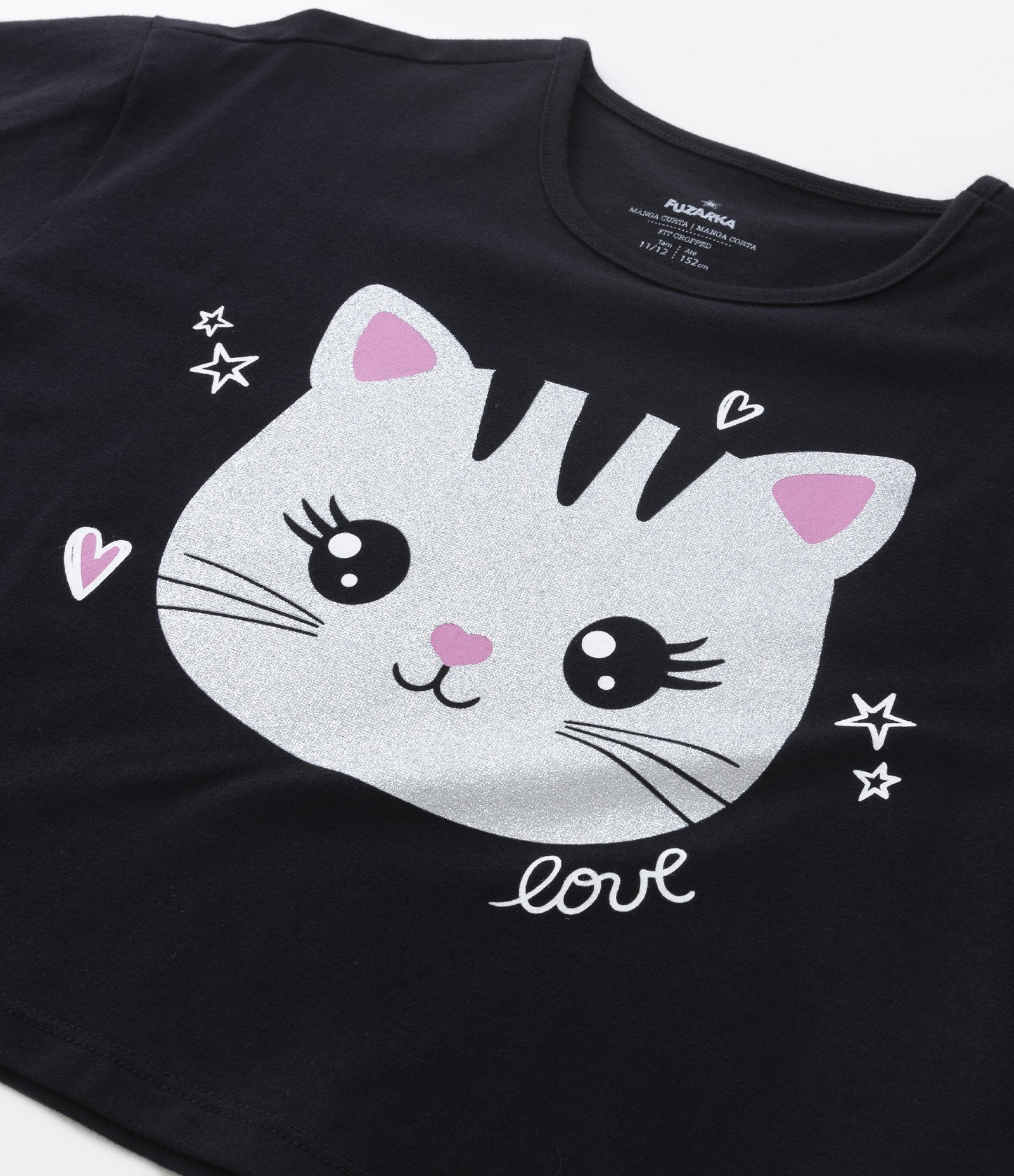 Camiseta Cropped Infantil com Estampa de Gatinho Love - Tam 5 a 14 Anos Preto 3