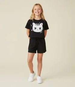 Camiseta Cropped Infantil com Estampa de Gatinho Love - Tam 5 a 14 Anos