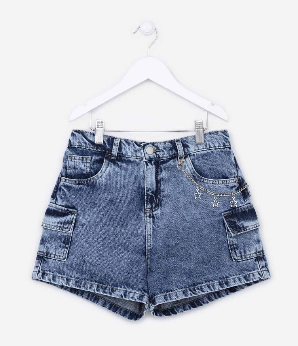 Short Infantil Jeans com Bolso Cargo e Corrente Aplicada - Tam 5 a 14 Anos  Azul