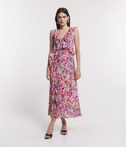 Vestido Midi em Crepe com Estampa Floral e Babados