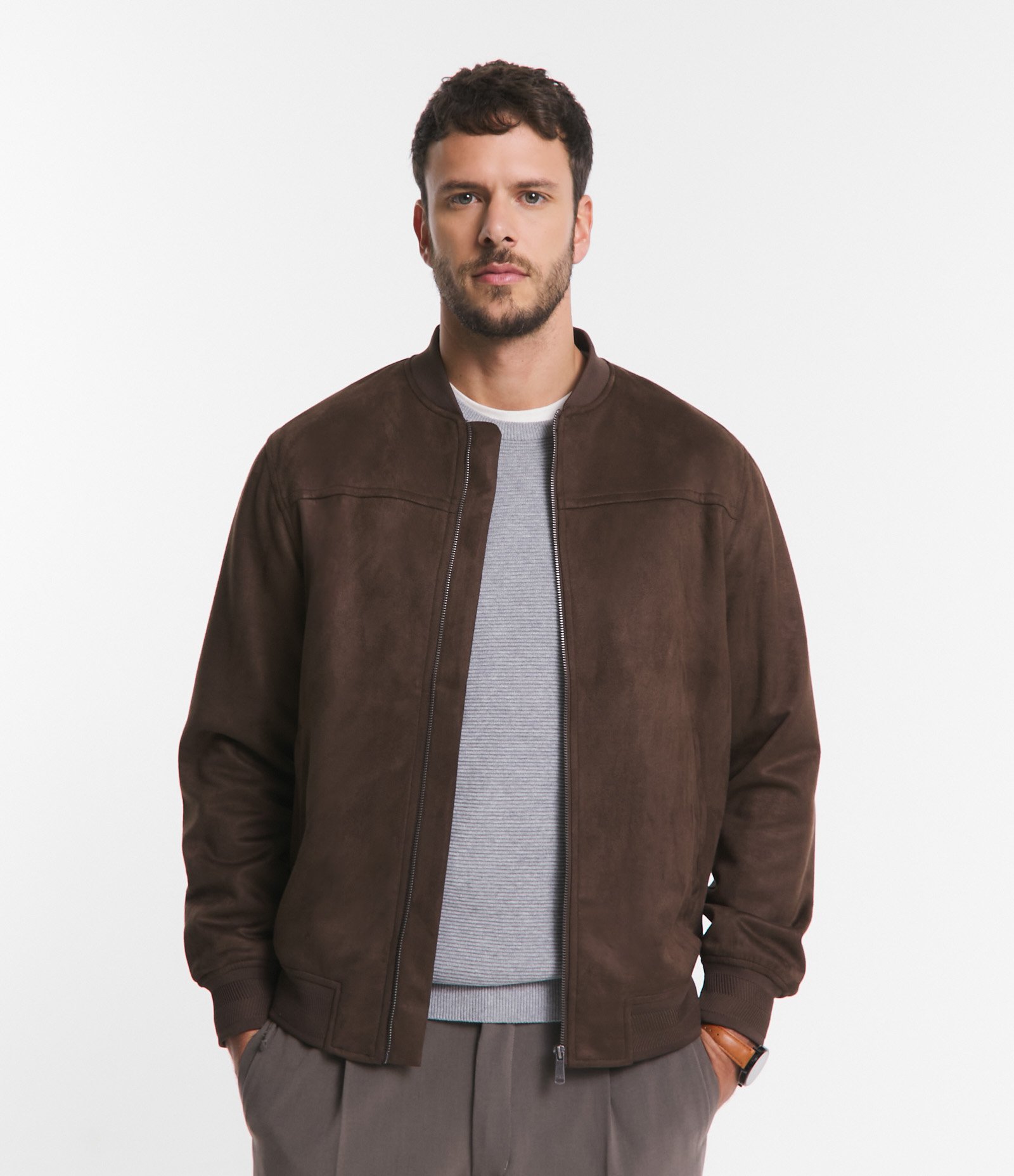 Jaqueta Bomber com Zíper e Bolsos Marrom 1