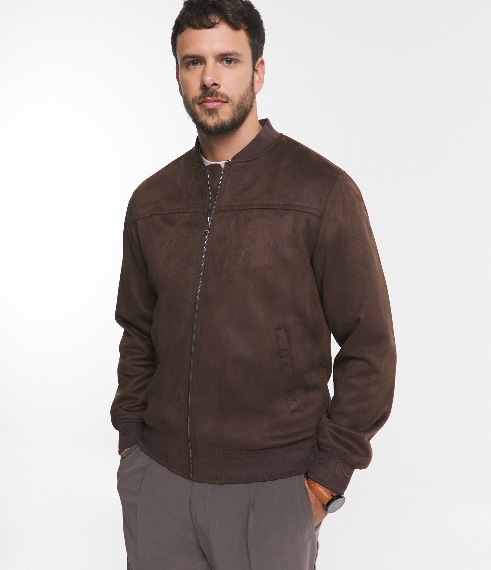 Jaqueta Bomber com Zíper e Bolsos Marrom 3