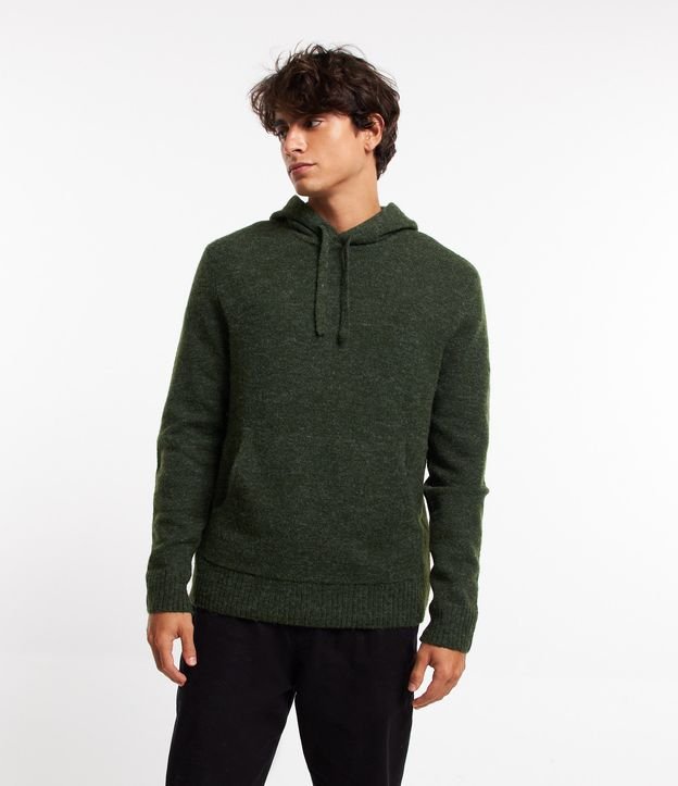Suéter em Tricô com Capuz e Bolso Canguru Verde 1
