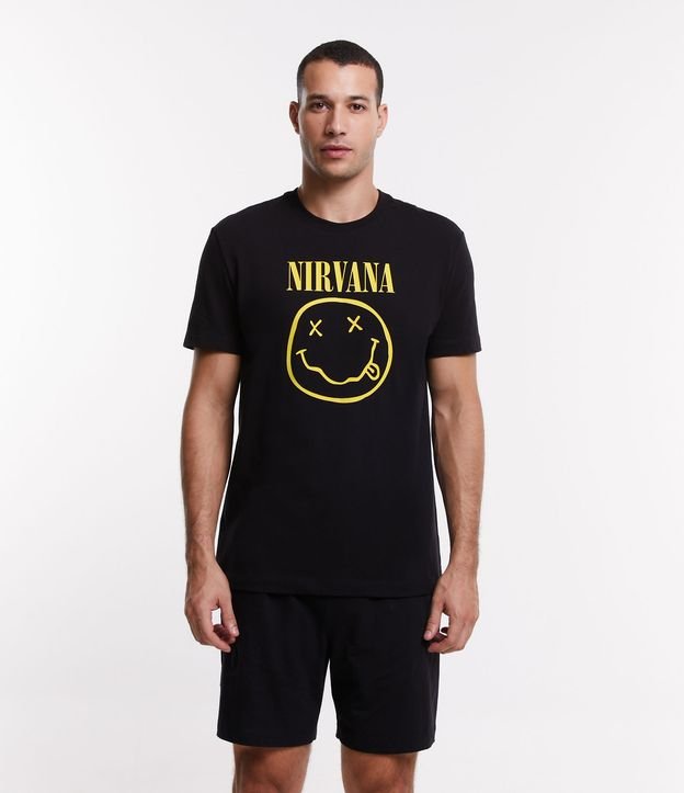 Pijama Curto com Estampa do Logo do Nirvana Preto 1