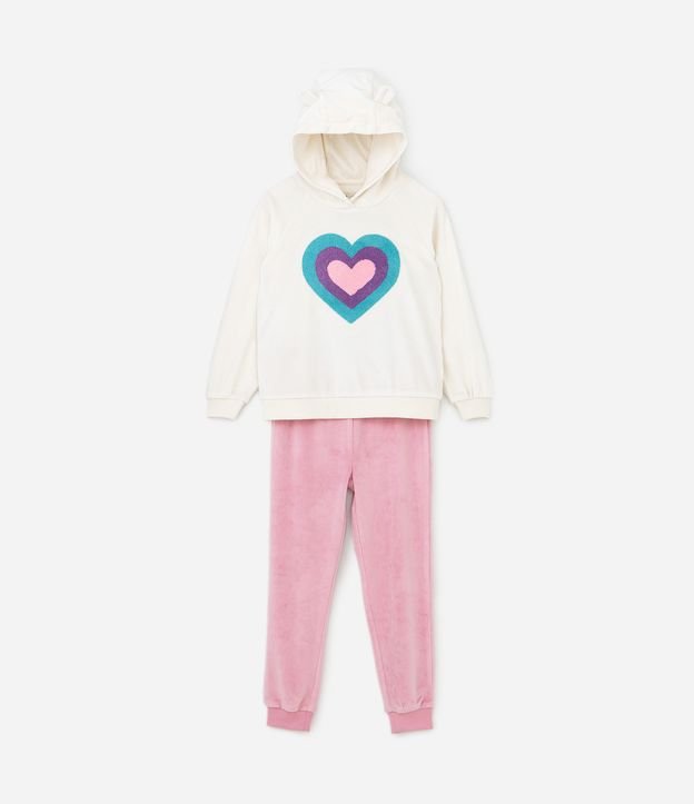 Conjunto Infantil em Plush com Capuz e Orelhinha - Tam 1 A 5 Anos Rosa/Off White 1