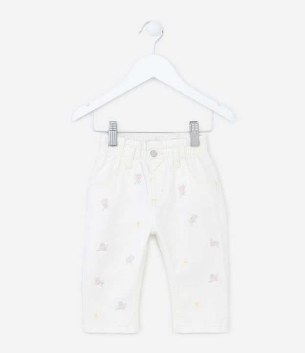 Calça Clochard Jeans Infantil com Cós Elástico e Bordado Floral - Tam 0 a 18 Meses