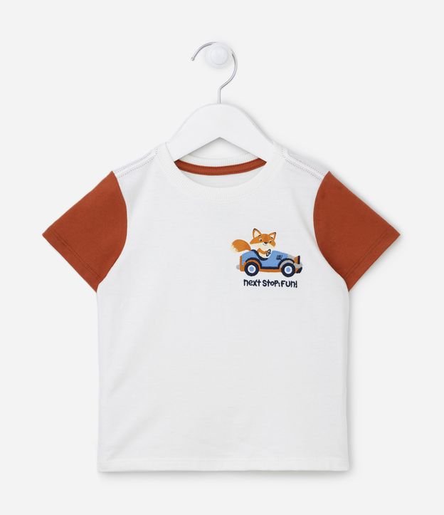 Camiseta Infantil com Mangas Contrastantes e Carrinho Bordado - Tam 1 a 5 anos Branco 1